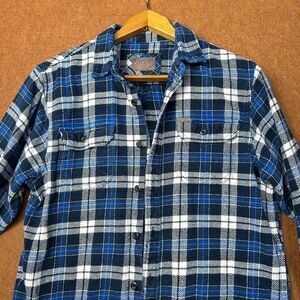 Orvis Flannel Shirt Blue Plaid Button Up Heavyweight Pockets Big Bear